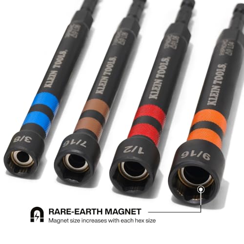 Klein Tools 32940 SAE Magnetic Hollow Impact Nut Drivers Set, 6-Piece Color Coded Hollow Power Nut Driver with Extended Reach, 6 SAE Sizes - size: 5-Inch/6-Piece Set