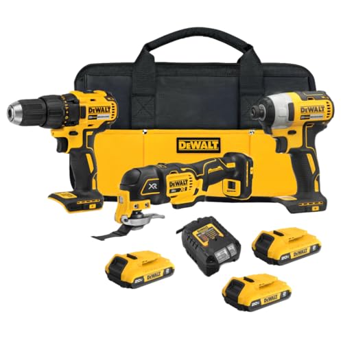 DEWALT 20V MAX 3-Tool Brushless Power Tool Set, Includes 1/2 Cordless Drill,1/4 Impact Driver, Oscillating Tool, 3 Batteries and a Charger, Extended Runtime, Lightweight (DCK360D3) - style: 3 Tools + 3 Batteries
