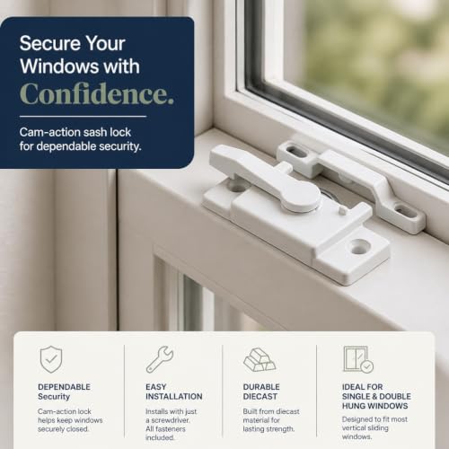 Prime-Line F 2744 Sash Lock, Single Unit, White – Diecast Construction, White Powder Coat w/ Enamel Finish, Designed for both Single & Double Hung Windows (Single Pack)