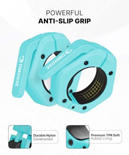 DMoose Fitness Barbell Clips 2 Inch (Pair) - Quick Release Olympic Barbell Clamps & Collars with Anti Slip TPR Grip for Secure Weightlifting and Powerlifting - Weight Clips for Bars at Home or Gym - color: Cyan, style: Non Magnetic