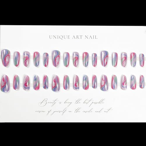 LPOODDNU Colorful Press on Nails Almond - Medium Cat Eye Fake Nails with Stripe Designs, Glossy Finished Reusable False Nails with Double Adhesive Glue Tabs - 24Pcs Nail Kit for Women Manicure - color: cat eye color stripe