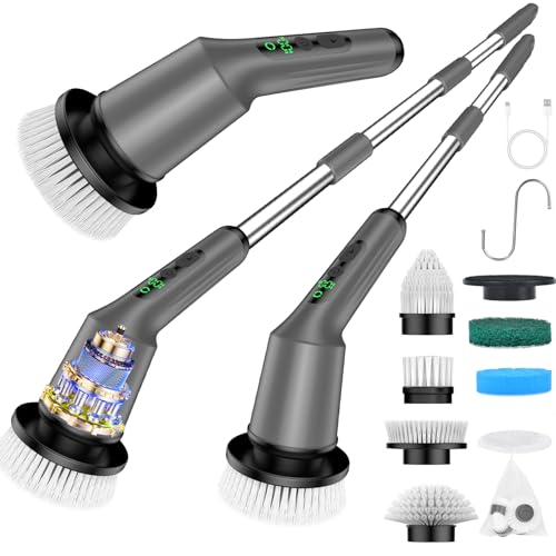 Electric Spin Scrubber for Bathroom, Shower Scrubber with Long Handle - color: Gray, size: 8 Brush Heads