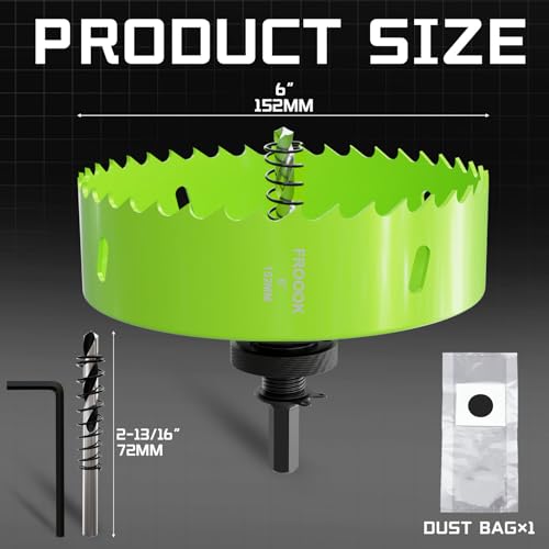 6"(152mm) Bi-Metal Hole Saw with Arbor-Multi-Material Cutting Kit for Thin Iron, Wood & Drywall - High-Speed Steel Teeth with Smooth Cutting Edge, Fast Chip Removal & Bonus Dust-Proof Bag - size: 6" (152mm)