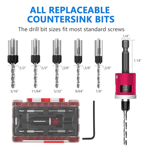 BURMONG 5-Piece Countersink Drill Bit Set with Adjustable Depth Stop, 1/4" Hex Shank Quick Change Drilling Tool Kit, 82° Woodworking Chamfer Bits for Wood, Plywood, MDF, Plastic - style: With Adjustable Depth Stop