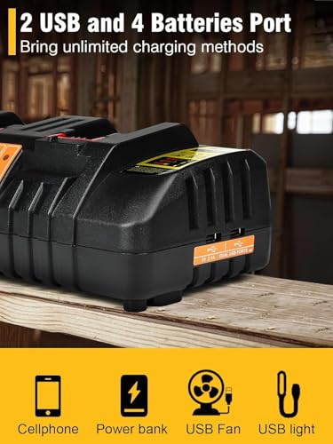 DCB104 20V MAX Battery Charger Replacement for Dewalt Battery Charger, 4 Port Multi Charger Station with 2 USB Ports, Compatible with Dewalt 12V-20V Batteries（Black） - color: Dark Grey