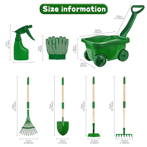 Duckura Kids Gardening Tools Set - 7pcs Wheelbarrow Set for Kids | with Shovel, Rake, Leaf Rake, Summer Outdoor Yard Digging Weed Birthday Gifts Toys, Easter for Boys Girls Age 2 3+ Years - color: 7pcs-green