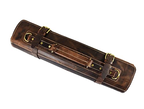 Leather Knife Roll Storage Bag, Elastic and Expandable 10 Pockets, Adjustable/Detachable Shoulder Strap, Travel-Friendly Chef Knife Case (Dark Brown, Leather) - color: Dark Brown