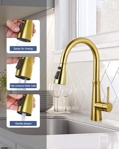 Metal Kitchen Faucet Spray Head Replacement 3 Modes with 9 Adapters - color: Brushed Gold