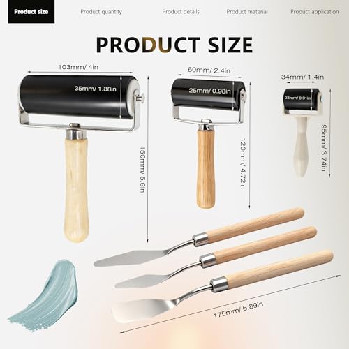 6 Pack Rubber Brayer Roller Kit, 3 Sizes Rubber Rollers with 3 Scrapers for Printmaking Wallpaper Ink Stamping Gluing Oil Painting Plastic Relief Crafting Art DIY - 1.4 in, 2.4 in, 4 in - size: 1.4", 2.4", 4"