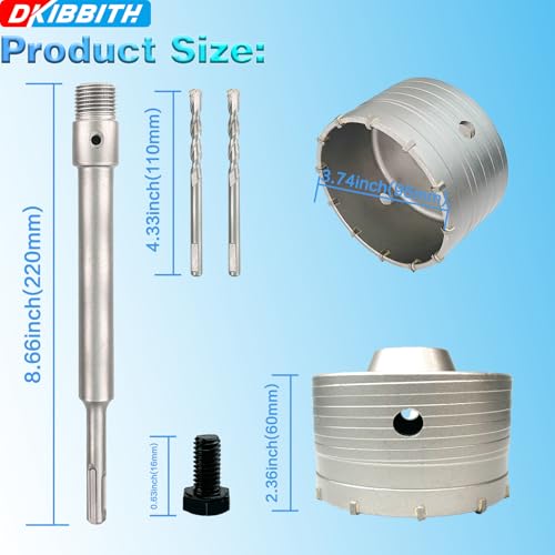 3-3/4" Concrete Hole Saw, 95mm Tungsten Steel Core Bit for Cinder Block, Brick, Rock, Plank Walls for Pipes or mini Split Lines, with SDS Plus Shank and 2 Center Positioning Drill Bits. - size: 3-3/4"