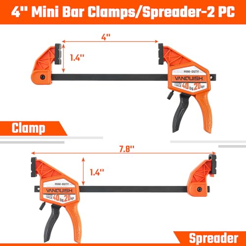VANQUISH 4'' Mini Bar Clamps for Woodworking 2 Pack, 40LBS Load Limit | Wood Clamp, Quick Release Grip Clamps for Table Wood Working, Light-duty 3624 - size: 4inch 2 Pack