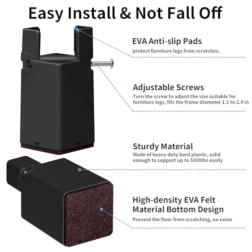 Bed Risers 4 Inch with Adjustable Screw Clamp,4 Pack Black