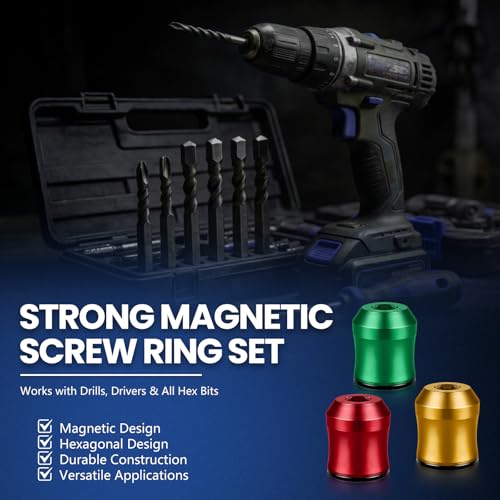 1/4 Inch Universal Screwdriver Bit Holder, 3PCS Magnetic Screw Ring for Drill & Hex Screwdriver, Color-Coded Removable Magnetic Drill Bit Holder with Anti-Slip Grip (Red/Yellow/Green)