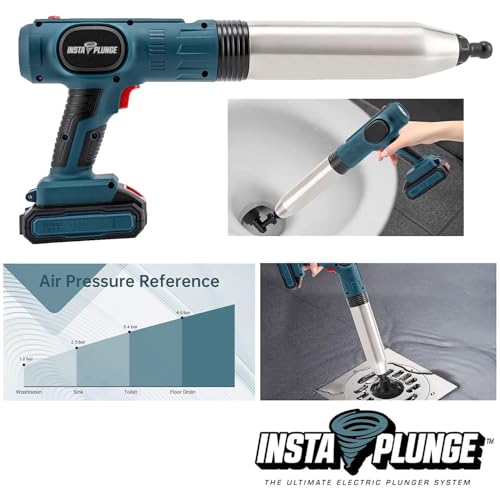 InstaPlunge Pro Electric Plunger System - Unclog and Clear Toilet and Drain Blockage with a Push of a Button, Works in Seconds to Clear Toilets, Shower Drains, Bathroom/Kitchen Sink (Blue/Grey)