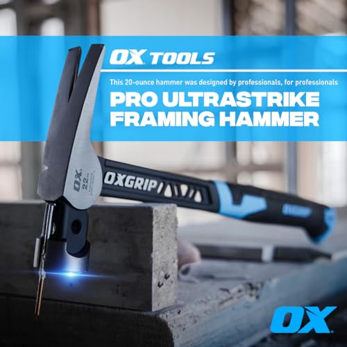 OX Ultrastrike 20oz Anti Vibe Framing Claw Hammer, Martillo de Construccion - size: 20-oz, Smooth Face