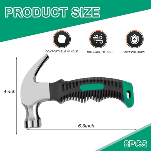 8 Pack 12 oz Small Hammer Set,Mini Claw Hammer Stubby Hammer Small Craft Hammers Camping Hammer with Soft Rubber for Picture Hanging Crafts Tent Household Projects