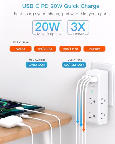 PD 20W Surge Protector Outlet Extender with Rotating Plug, USB Wall Outlet - color: White, size: 2C2A&PD 20W, 1 Pack