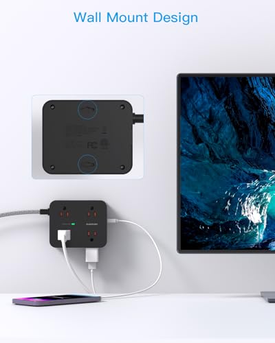 HANYCONY 6Ft Surge Protector Power Strip USB C, 1080J, 8 Outlet Extender - color: Black, size: 6ft