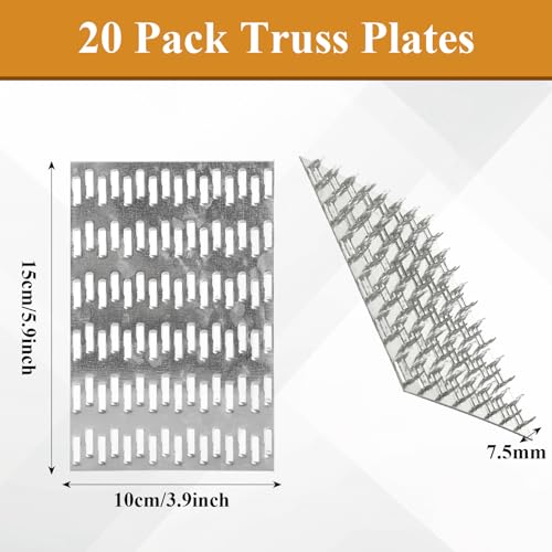 MIVIDE 20 Pack 4x6 Inch Truss Plates, Pronged Truss Mending Plate, Flat Mending Plates with Nail Teeth Height 7.5 mm, Thickness 1mm for Wood Truss Connector Plate