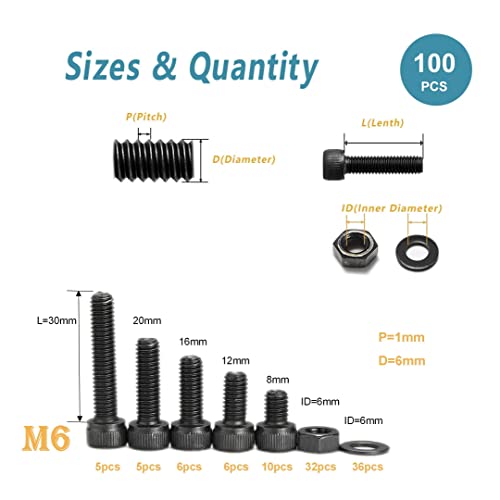 Kadrick Metric Screws Assortment - 100 Pcs M6 Hex Socket Head Cap Bolts, 8mm/12mm/16mm/20mm/30mm With Nuts and Washers - 12.9 Grade Alloy Steel, Black Zinc Plated, Anti-Rust Upgrade - size: M6 100Pcs