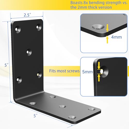 5"x5"x2.5" Steel L Brackets Right Angle Bracket for Wood Structures - size: （4PCS） Black