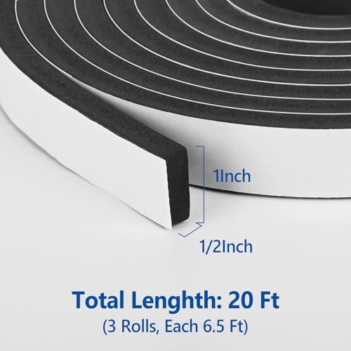 Kikerike Self Adhesive Foam Tape Weatherstrip 1In x 1/2In x 20Ft High Density Foam Insulation Strips Foam Seal Weather Stripping with Strong Adhesive for Door and Window Sound Isolation Soundproofing - size: 1in x 1/2in x 20Ft