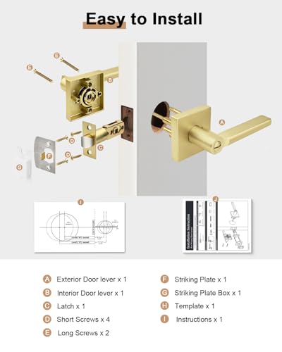 Probrico Interior Door Handles with Lock, Brushed Gold Privacy Levers for Bedroom Bathroom, Heavy Duty Square Reversible Lockset, 10 Pack - color: Gold