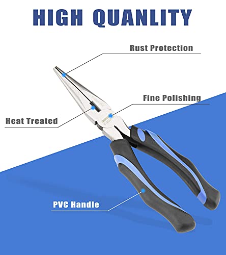 URASISTO 8-Inch Long Needle-Nose Side Cutting Pliers with Heavy Duty Nickel Chromium Steel Construction - size: 8" Long Nose Pliers