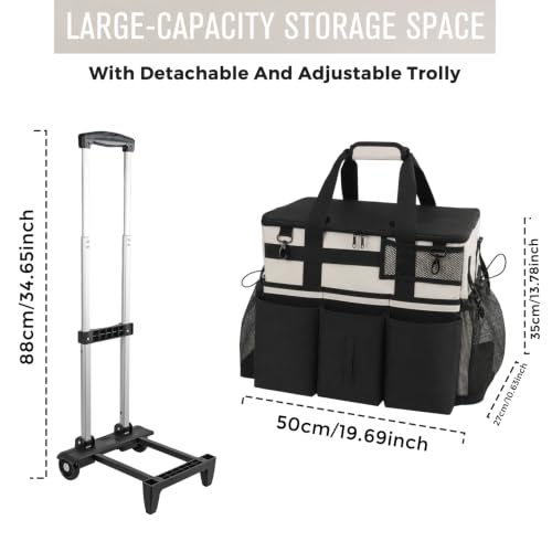 SCAVATA Rolling Cleaning Caddy Bag with Detachable Trolley, Large Cleaning Supplies Organizer with Wheels, Multi-Pocket Cleaning Cart with Adjustable Shoulder Strap for Housekeepers (CreamWhite) - color: CreamWhite
