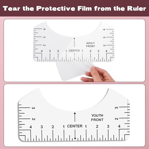 Tshirt Ruler Guide Vinyl Alignment, Transparent V-Neck/Round PVC Ruler for Alignment, Designs Pocket Logo, Fit for Heat Press, Alignment, Children Youth Adult, Front and Back Measurement