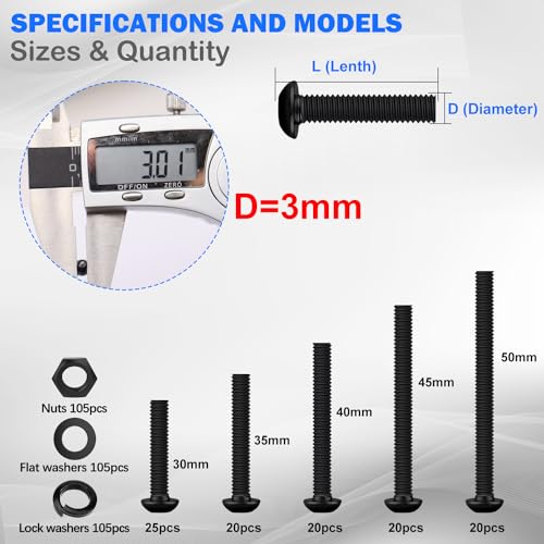 mxuteuk 420PCS M3 Screws,M3x30/35/40/45/50mm Button Head Socket Cap Screws Bolts Nuts Kit,10.9 Grade Alloy Steel M3 Bolts with Hex Wrench - size: 420PCS/M3 x 30/35/40/45/50mm