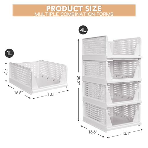 caktraie 4 Pack Stackable Closet Storage Basket - Stackable Storage Bins - size: 4 Pack White