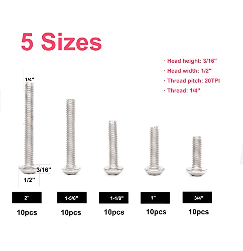 50pcs 1/4-20 Inch Round Head Phillips Machine Screws Assortment Kit, 304 Stainless Steel Silver Tone, 1/4 x 3/4,1,1-1/8,1-5/8,2 Inch - size: 1/4 x 3/4,1,1-1/8,1-5/8,2 Inch(50pcs)