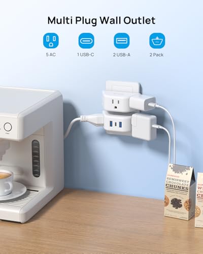 TROND Multi Plug Outlet Extender with USB, 2 Pack Plug Splitter - color: White, size: 3AC & 2A2U1C-3 Prong Plug, 2 Pack