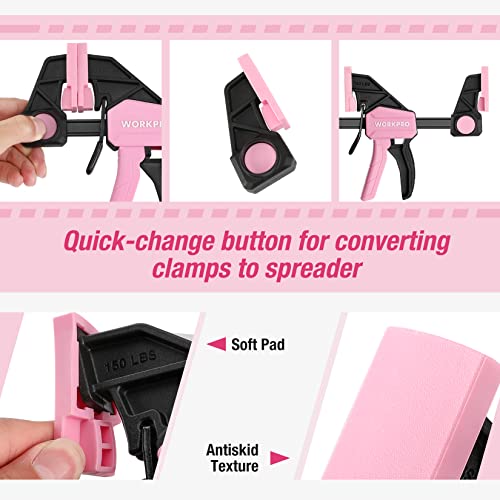 WORKPRO 6-Pack Bar Clamp Set, 6" (4) & 12" (2) Wood Clamps, Pink Ribbon - color: Pink, size: 6-Pack 6" and 12" Bar Clamps