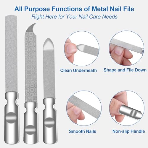 Stainless Steel Nail File (3 Pack) for Natural Nails, Metal Nail Files with Sharp Pointed Tip Fingernail File Sheath Case Double Sided Reusable Flat File Manicure Tool Home Salon Travel Use Men Women - size: 3 Pack Stainless Steel Nail File with PU Case