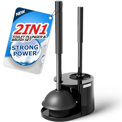 FORASTO 2in1 Toilet Brush and Plunger Set - Bathroom Bowl Holder Combo - color: Black, size: 1Pack