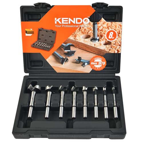 KENDO Forstner Bit Set, 8-Piece Alloy Steel for Woodworking | Round Shank Forstner Drill Bits for Hardwood, Softwood, Plastic, Plywood with Case, 1/4" to 1-3/8" - style: 8 Piece