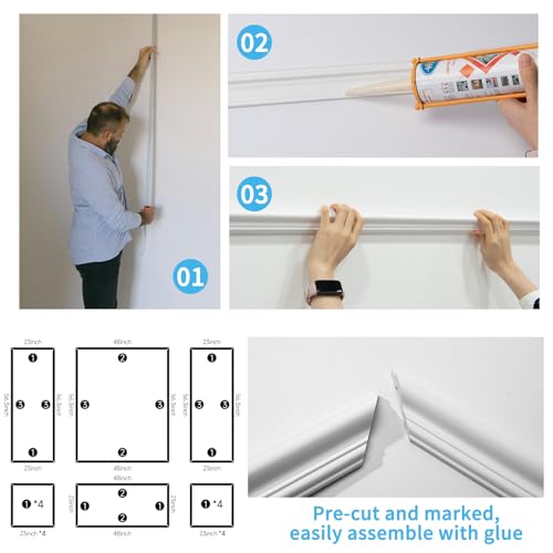 Art3d Pre-Cut Wall Molding Set, Ready-to-Assemble Panels, 3 Top 3 Bottom - color: White: Style 2