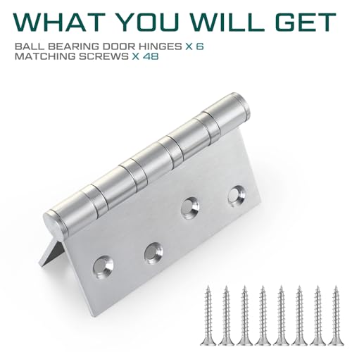 6 Pack Silver 4'' Ball Bearing Door Hinges, 4 x 4 Inch Exterior Door Hinge - color: Silver