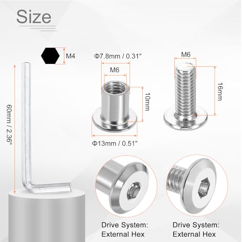 HARFINGTON 20 Set M6x16mm Hex Drive Socket Cap Bolt and M6x10mm Nuts with M4 Hex Wrench, Furniture Connector Bolts and Screws for Furniture Countersunk Belt, Silver - size: M6x16mm, M6x10mm
