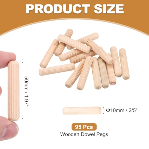PATIKIL 95 Pcs Wood Dowel Pins 3/8" x 2" Fluted Wooden Dowels Hardwood Pegs for Woodworking Furniture DIY Crafts Projects Door Art - size: 3/8" x 2"