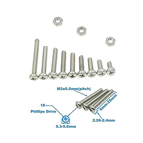 240PCS Metric M3 304 SS Phillips Pan Head Machine Screws & Nuts Kit | 9 Sizes 6-25mm Lengths 304 Stainless Steel Fully Threaded Pan Head Fasteners for PCB Electronics Arduino DIY Repair w/ Box - size: M3