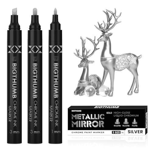 BIGTHUMB 3Pcs Liquid Chrome Paint Markers, Gloss Mirror Marker, Oil-based Permanent Chrome Maker, Reflective Metallic Pen Markers for Repairing, Model Painting DIY Art Projects, Silver - style: 3PCS Silver