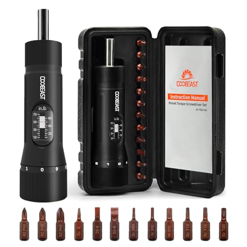 coobeast 13Pcs Preset 1/4” Drive Torque Screwdriver with S2 Bits | Torque Wrench Screwdriver Set for Maintenance, Tools, Bike Repairing and Mounting, Inch Pound Torque Range 10-70 In-lb - size: 13 PCS