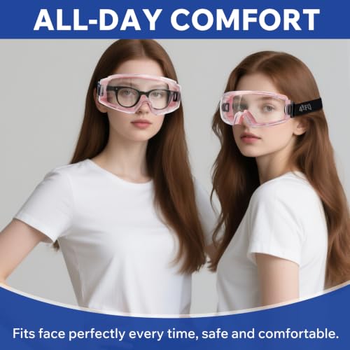 Anti Fog Safety Goggles Over Glasses 2 Pack, ANSI Z87.1 Certified | Eye Protection, Chemistry Lab Work & Industrial Use, Wide Vision Clear Lens, Extreme Impact Resistance, Adjustable Strap - color: 2/Pink