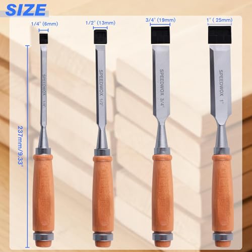 SPEEDWOX 4 Piece Wood Chisel Sets Professional Wood Chisel Set for Woodworking Tools Set Wood Tools Chisel Set Woodworking Wood Chisels for Woodworking 1/4"(6 mm), 1/2"(13 mm), 3/4"(19 mm), 1"(25 mm)