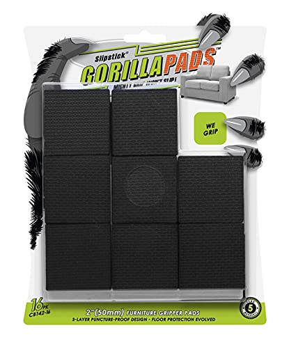 GorillaPads Non Slip Furniture Pads/Floor Gripping Pads (Set of 16 Grips) 2 Inch Square Floor Protectors for Under Furniture, Black, CB142-16 - size: 2" Square 16 Pack