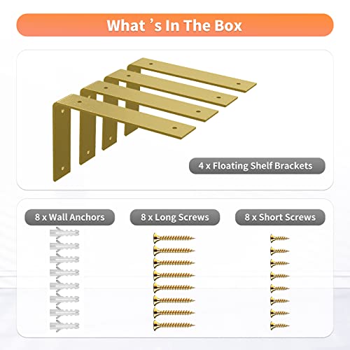 Gold Heavy Duty Shelf Brackets 8 Inch, Extra Thick L Shelving Brackets, Rustic Gold Iron Floating Shelves Wall Mounted with Hardware for DIY Open Shelving, 4 Pack - color: Gold, size: 8 Inch