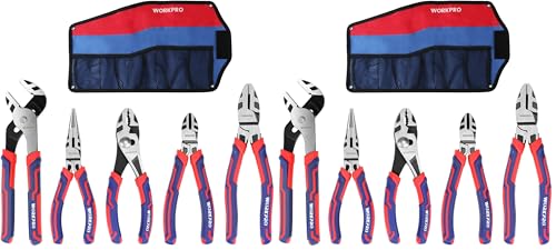 WORKPRO Pliers Set, Premium Cr-V Construction, Includes 6 Inch Slip Joint, Long Nose, Diagonal Cutting, 8 Inch Groove Joint, 7 Inch Linesman and Storage Pouch, for Basic Repair (Pack of 2) - size: 5-piece (Pack of 2)